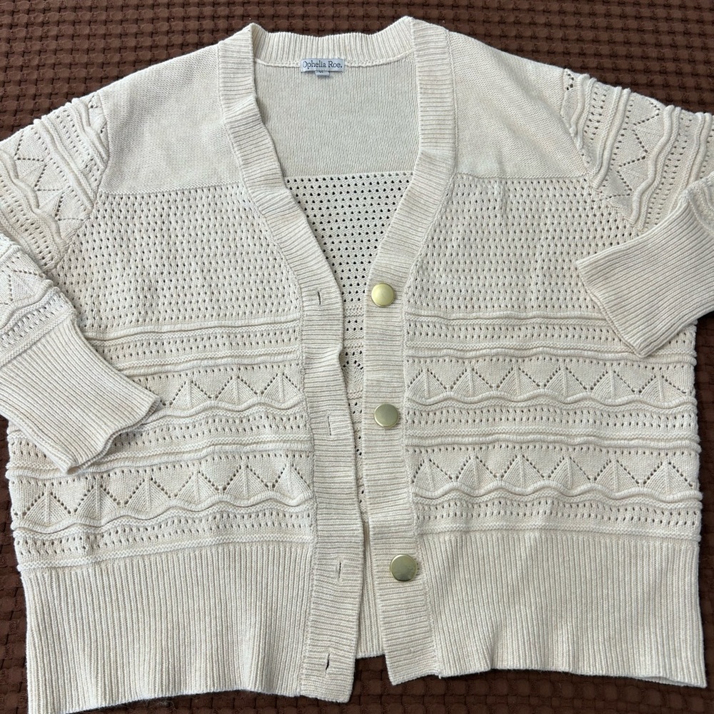 Ophelia Roe Cream Pointelle Knit Cardigan XL V-Neck Gold Button Boho Cottagecore